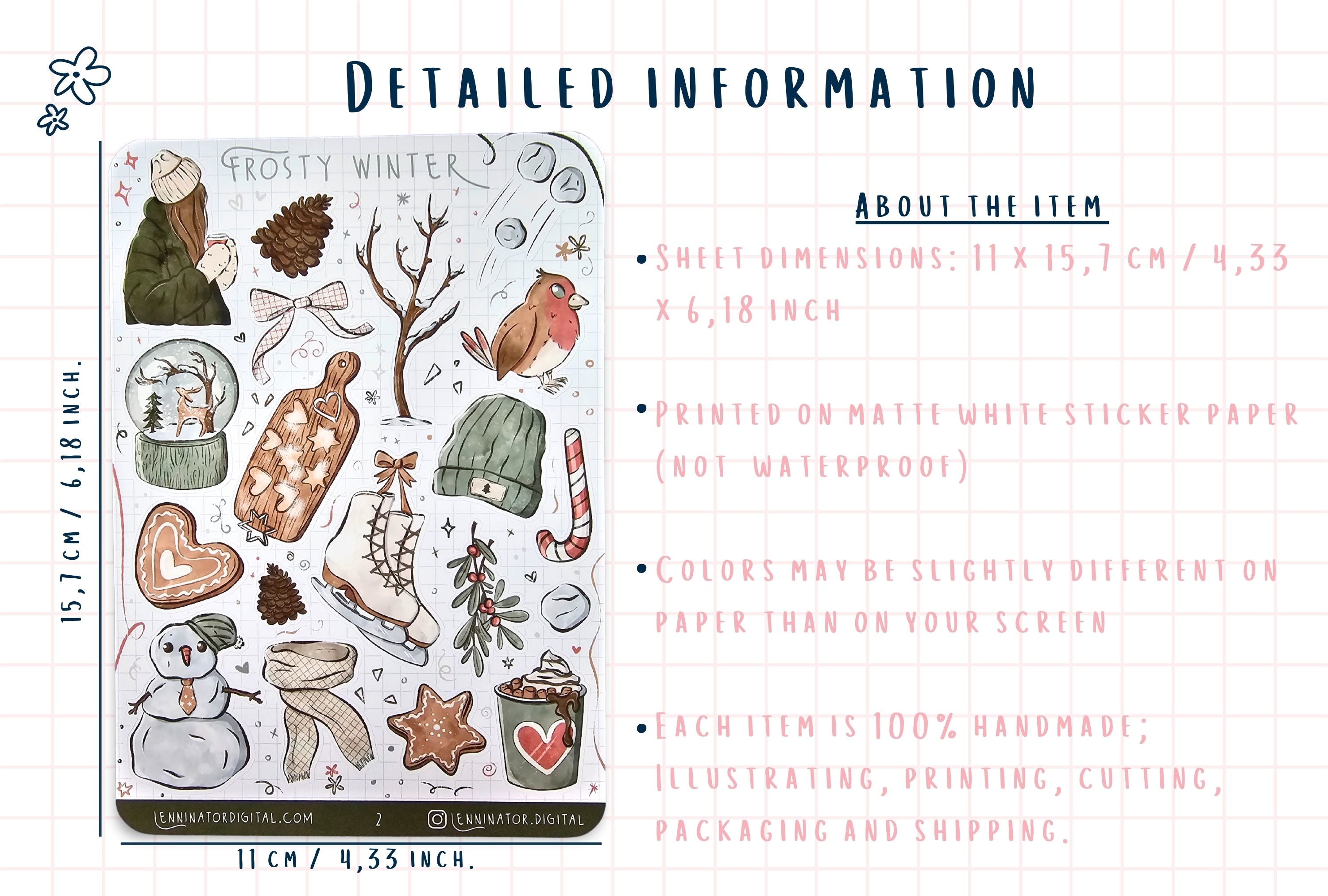 Frosty Winter sticker sheet with dimensions and material details on a white background