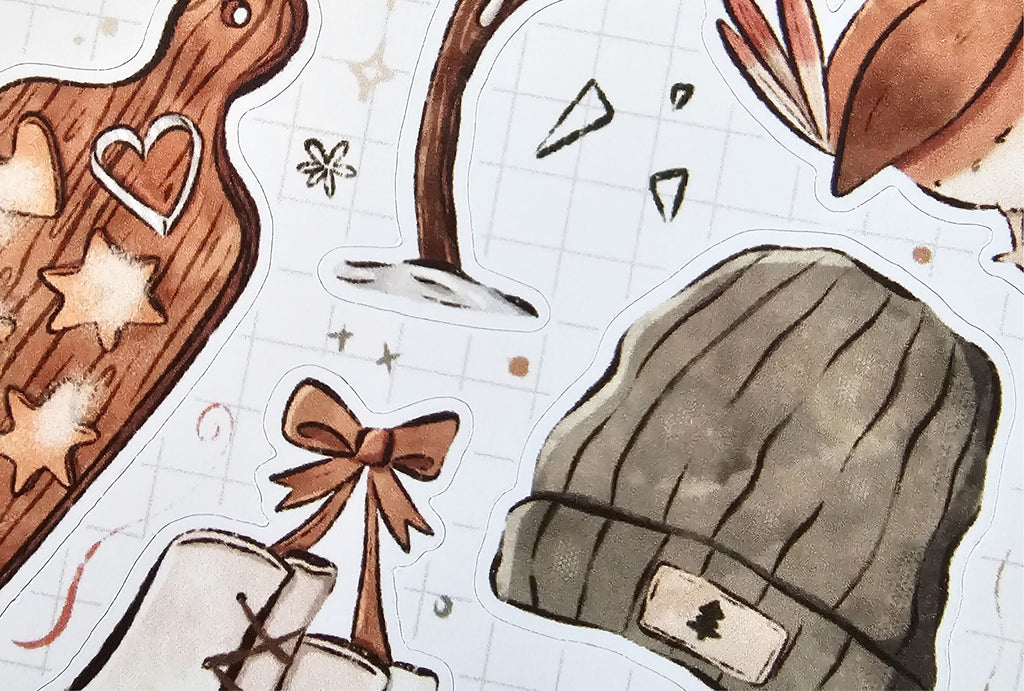 Illustrated winter accessories including a beanie, boots, and a bow on a grid background.
