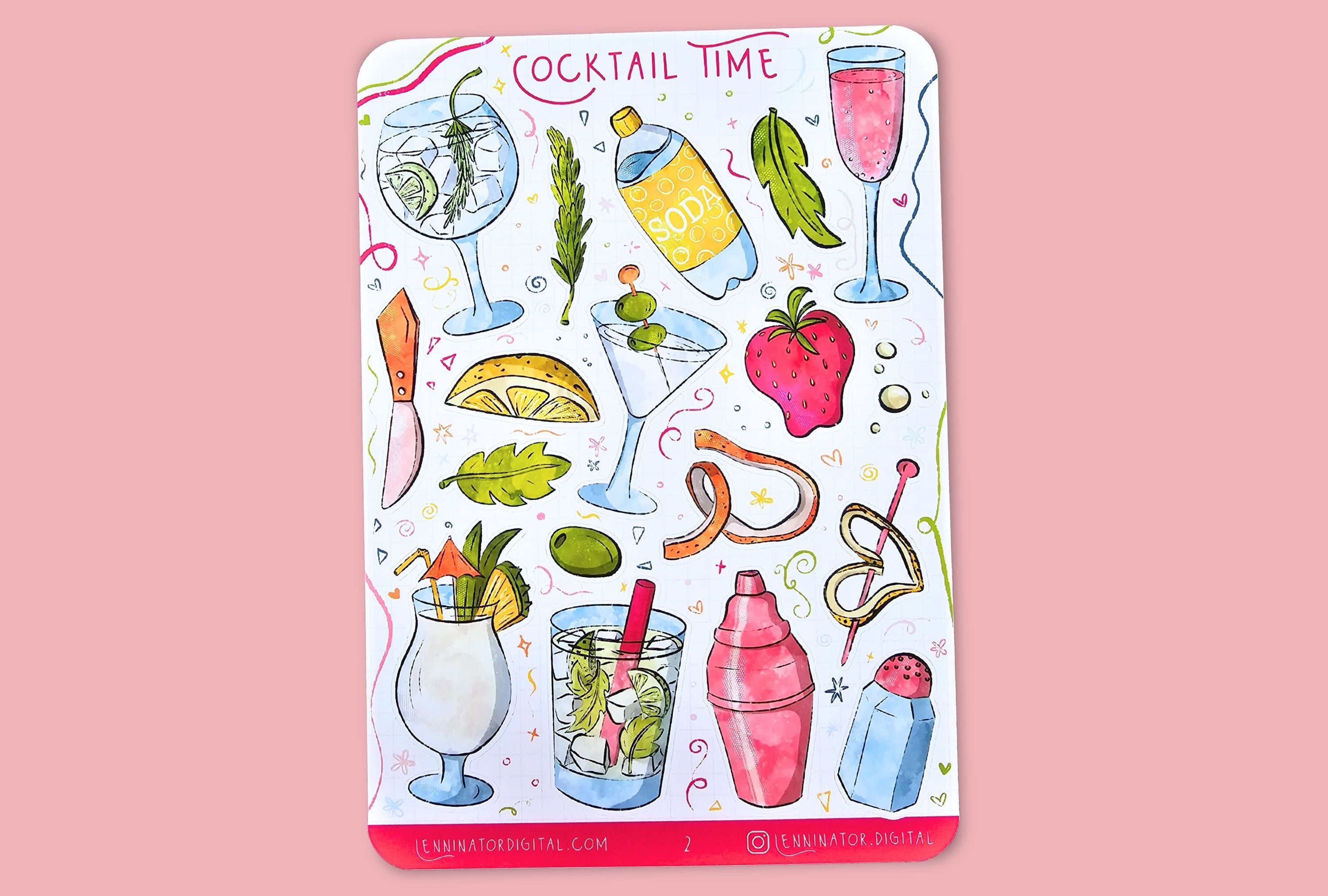 Cocktail-themed Sticker sheets with lime and mint on a white background