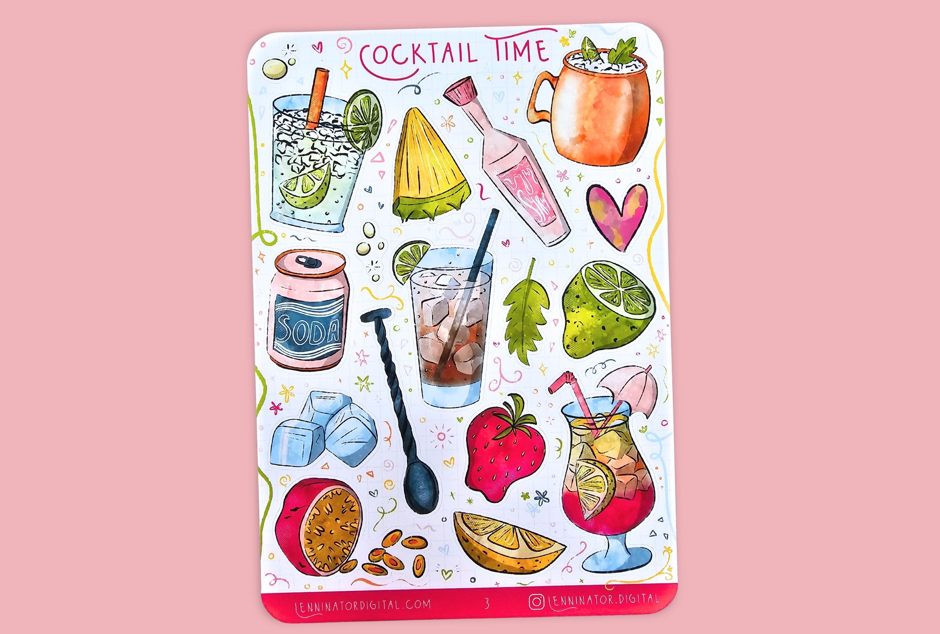 Sticker sheet with cocktail-themed illustrations on a white background with a cocktail and lime.