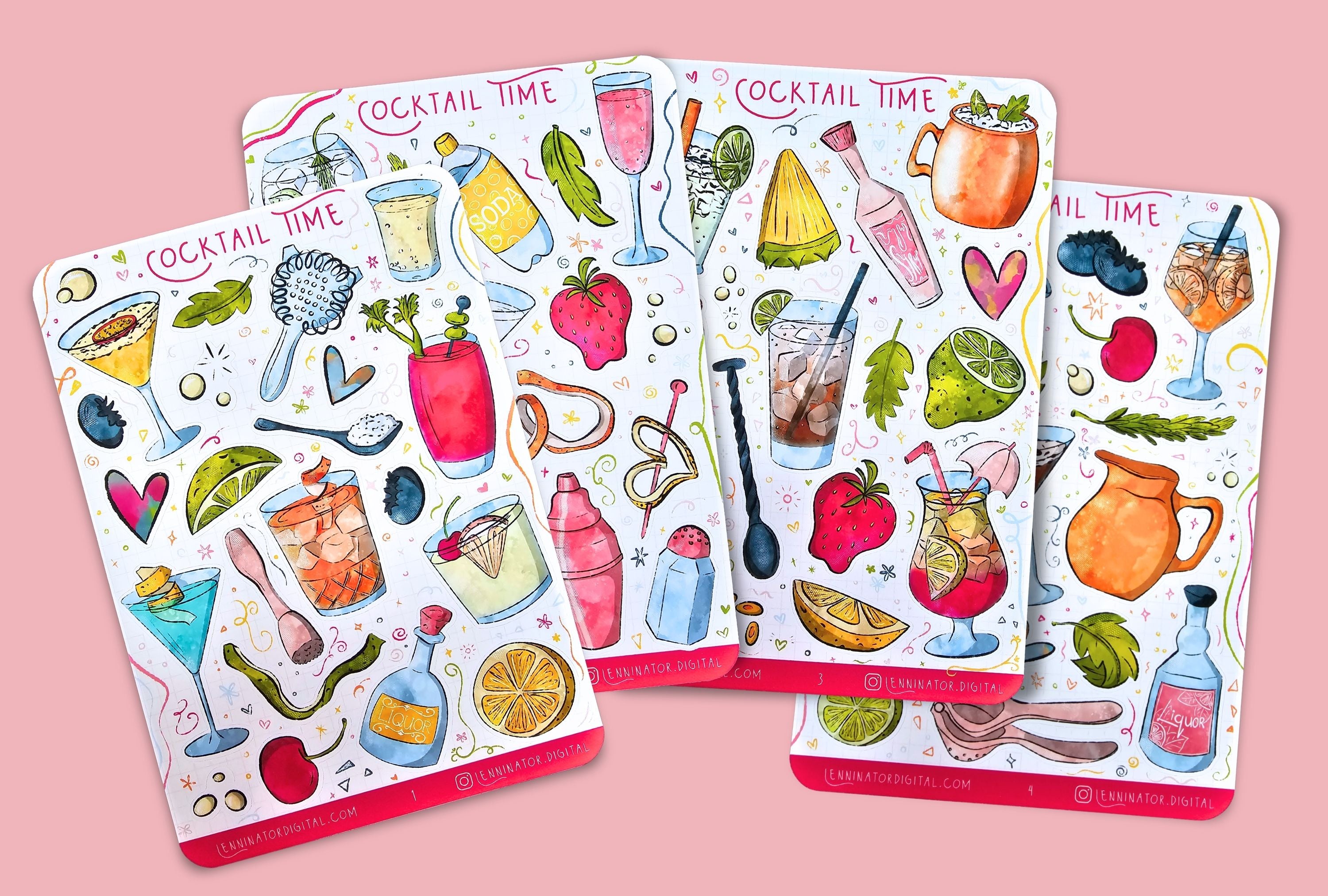 Four sheets of cocktail-themed stickers on a textured surface in bright colors. 