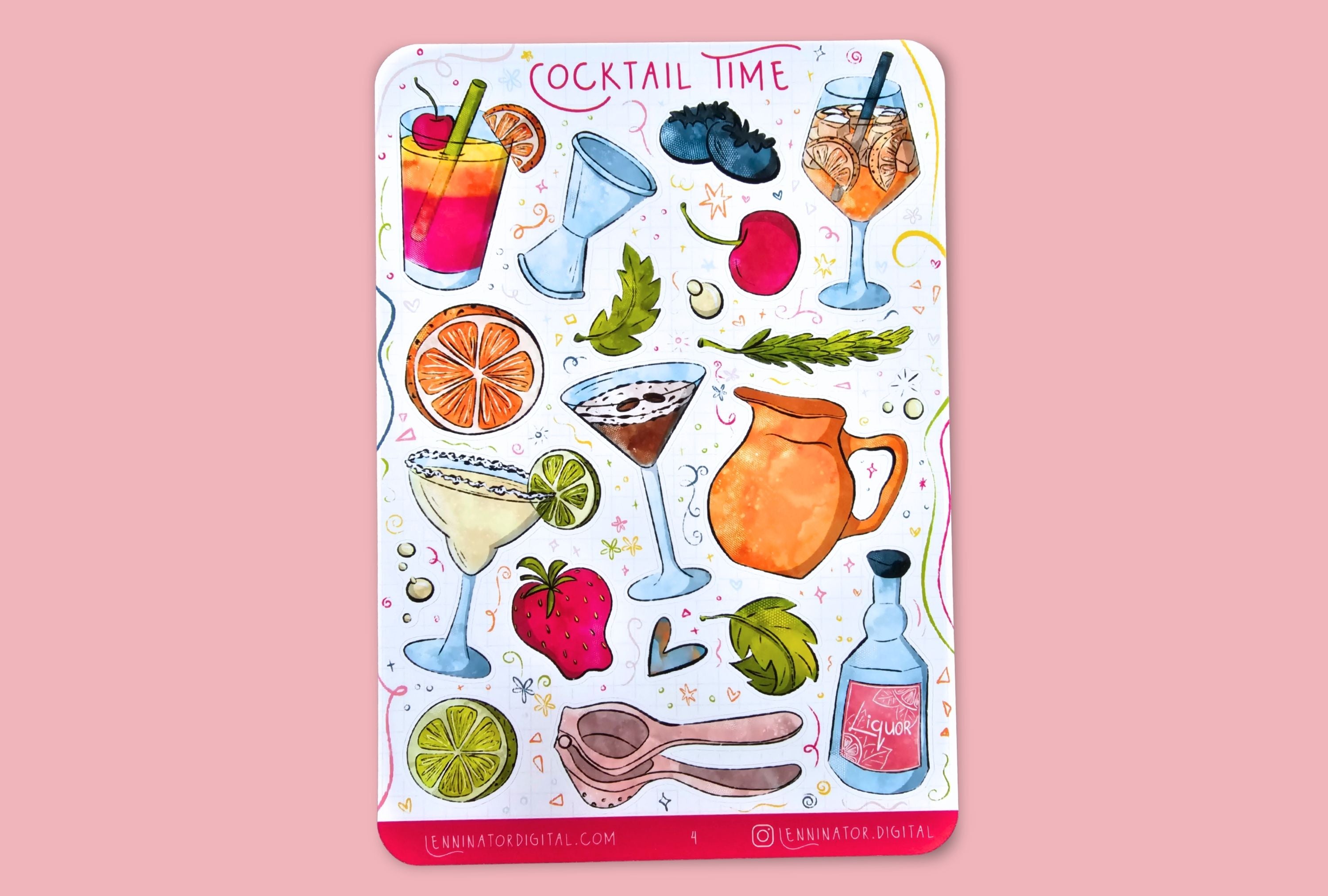 Sticker sheet with cocktail-themed designs on a white background