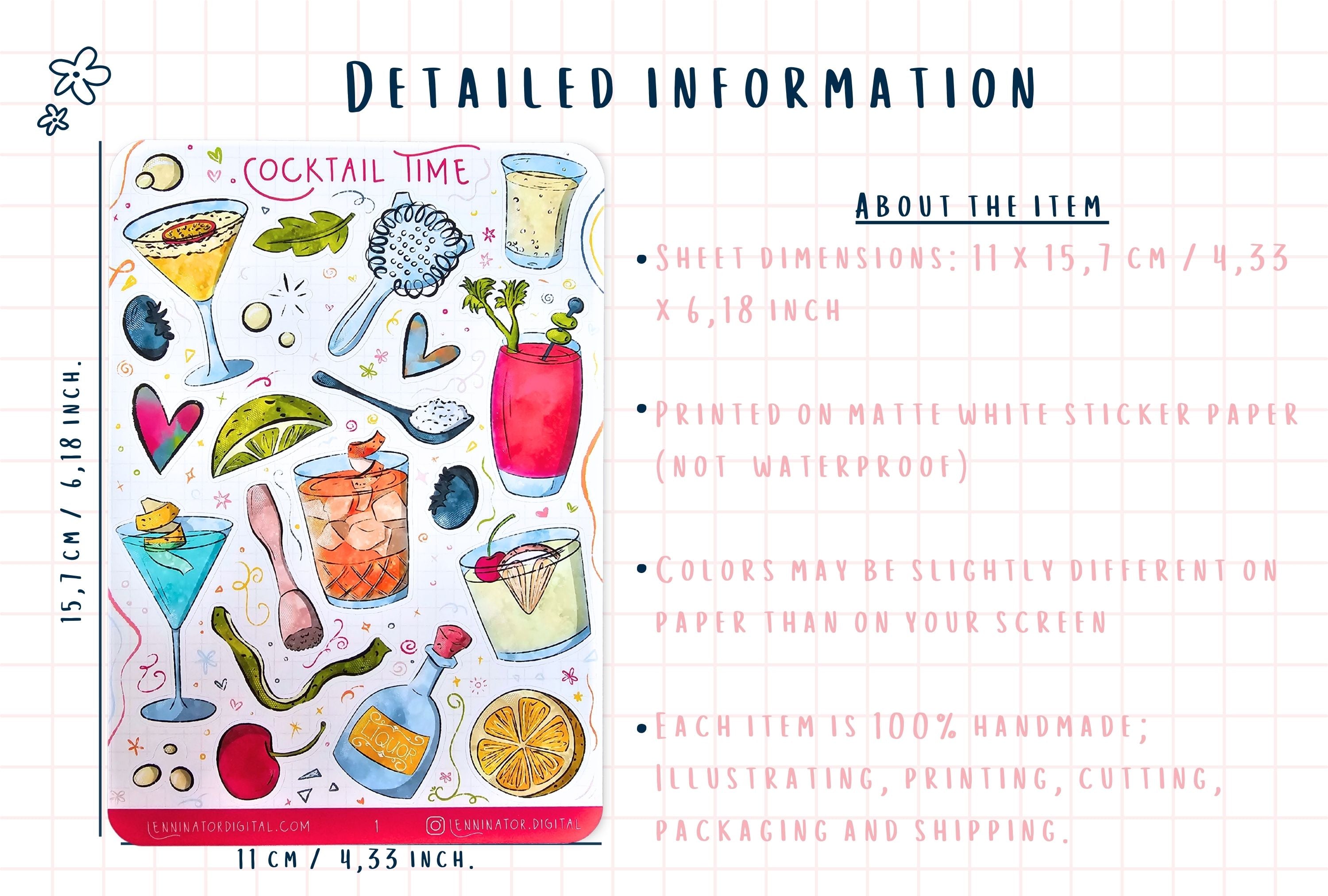 Sheet of cocktail-themed stickers with dimensions and material information.