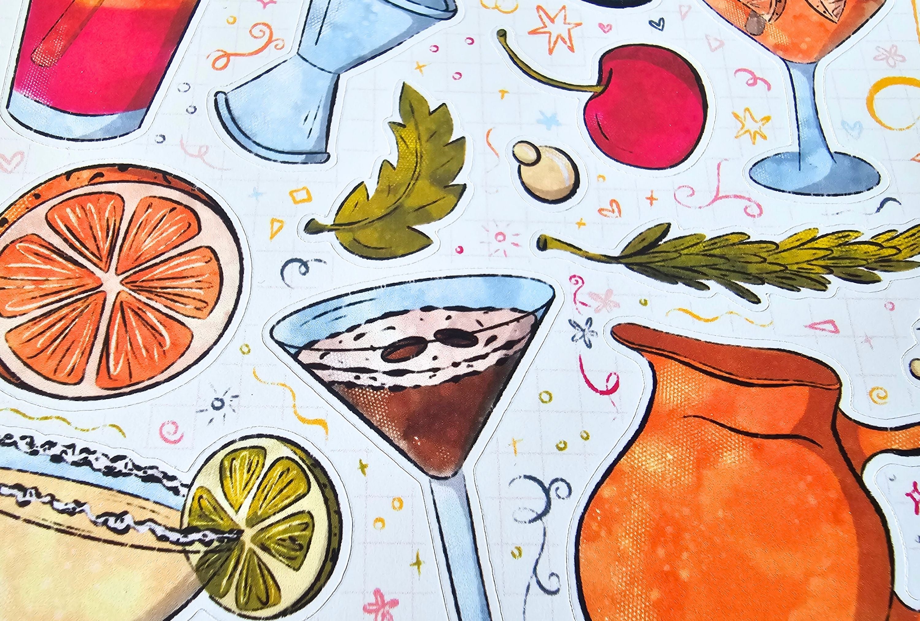 Illustration of various cocktails and drink ingredients on a light blue background