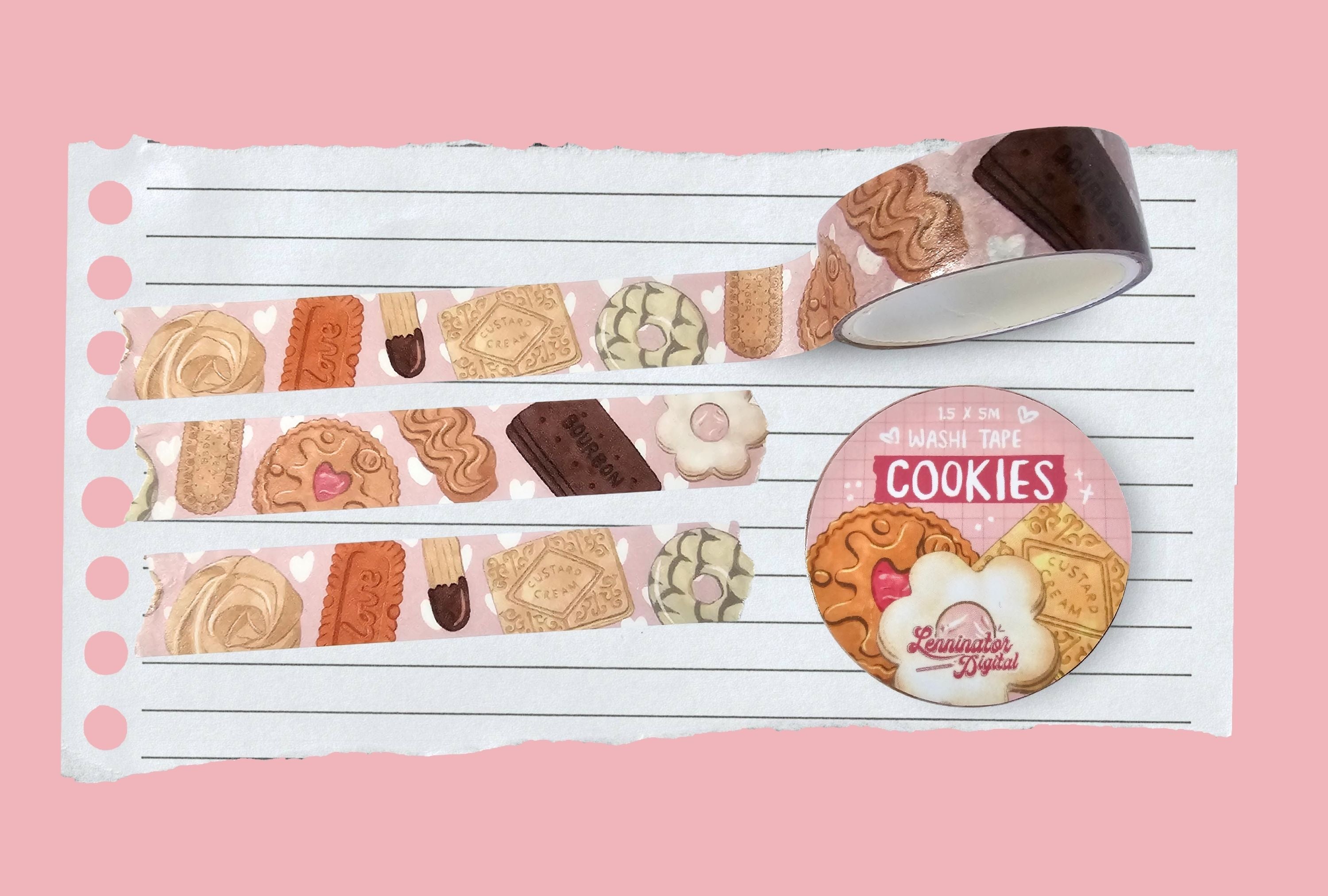 Pink washi tape with heart details and various vintage british biscuits