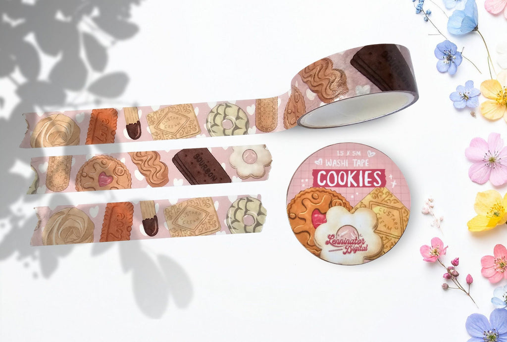British biscuit washi tape with pink background and white heart details