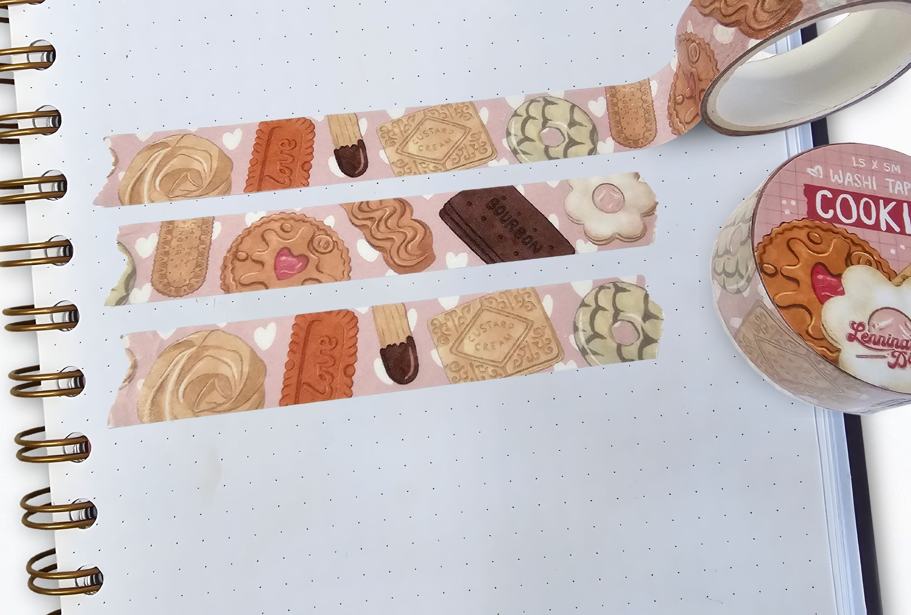 Vintage British Biscuit washi tape on a white bullet journal page