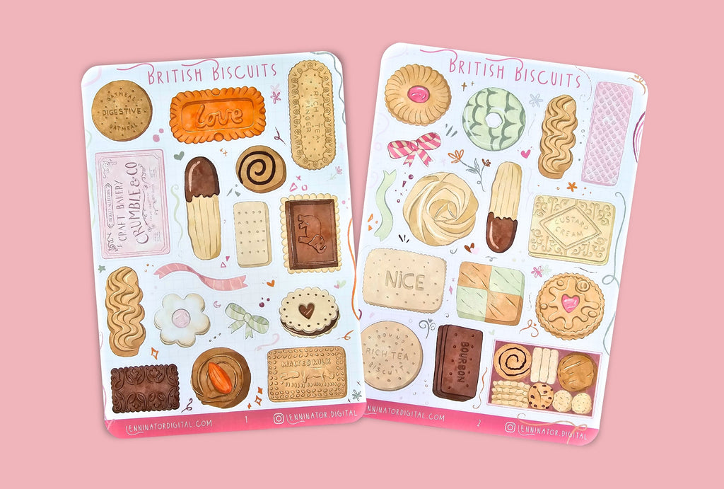Cookies sticker sheets with a variety of vintage british biscuits. In a cute style and hand drawn. In brown, pink and green