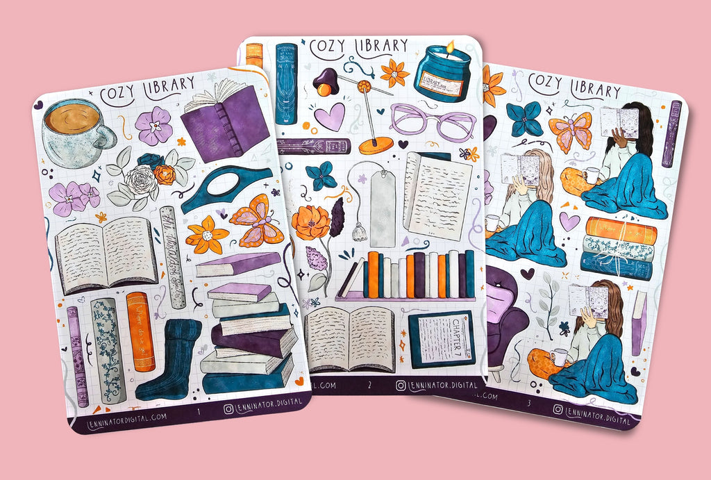 Cozy reading sticker sheets. Hand drawn cute stickers of library items. Books, reading glasses, e-reader, flowers, book shelf, cup of tea, girls in different skintones reading and floral decorations. In Purple, blue, orange.