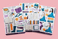 Cozy reading sticker sheets. Hand drawn cute stickers of library items. Books, reading glasses, e-reader, flowers, book shelf, cup of tea, girls in different skintones reading and floral decorations. In Purple, blue, orange.
