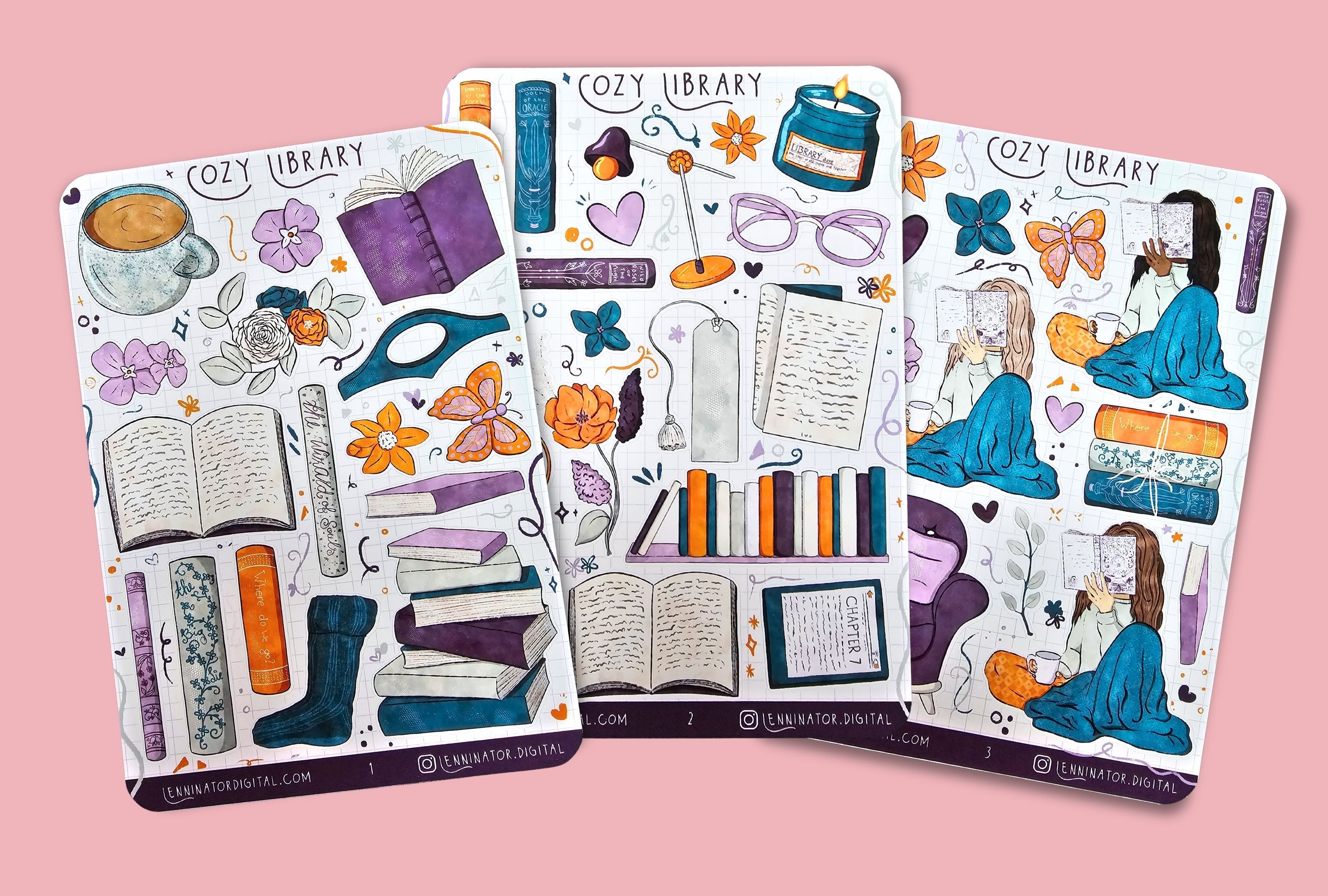 Cozy reading sticker sheets. Hand drawn cute stickers of library items. Books, reading glasses, e-reader, flowers, book shelf, cup of tea, girls in different skintones reading and floral decorations. In Purple, blue, orange.