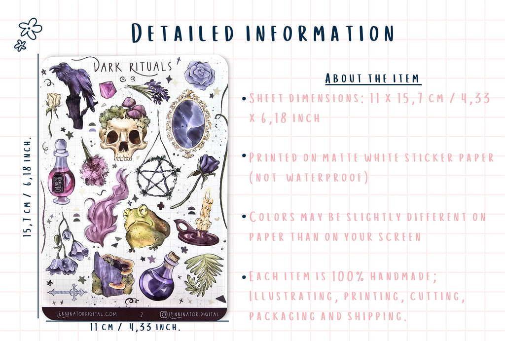Sheet of dark-themed stickers with illustrations and text on a white background