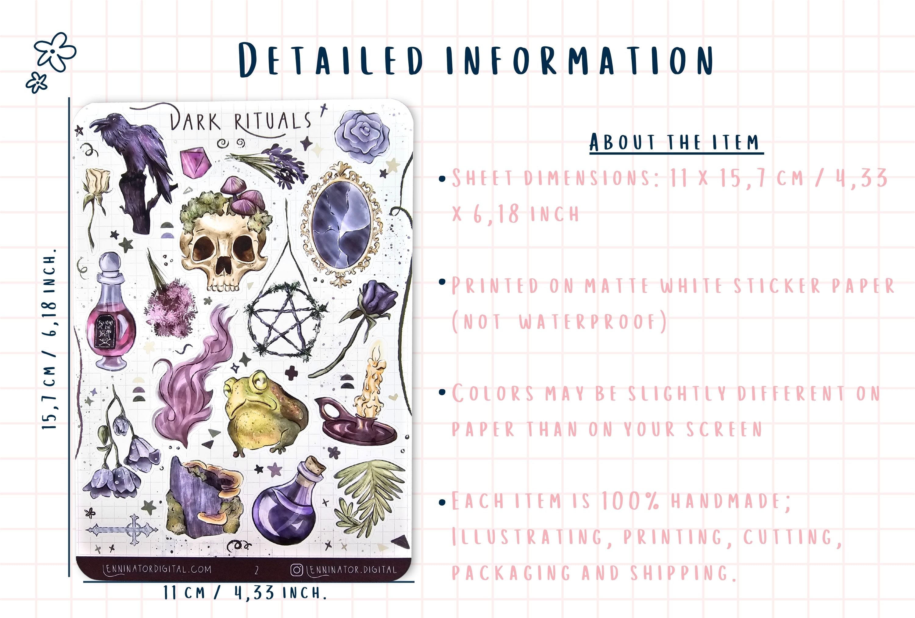 Sheet of dark-themed stickers with illustrations and text on a white background