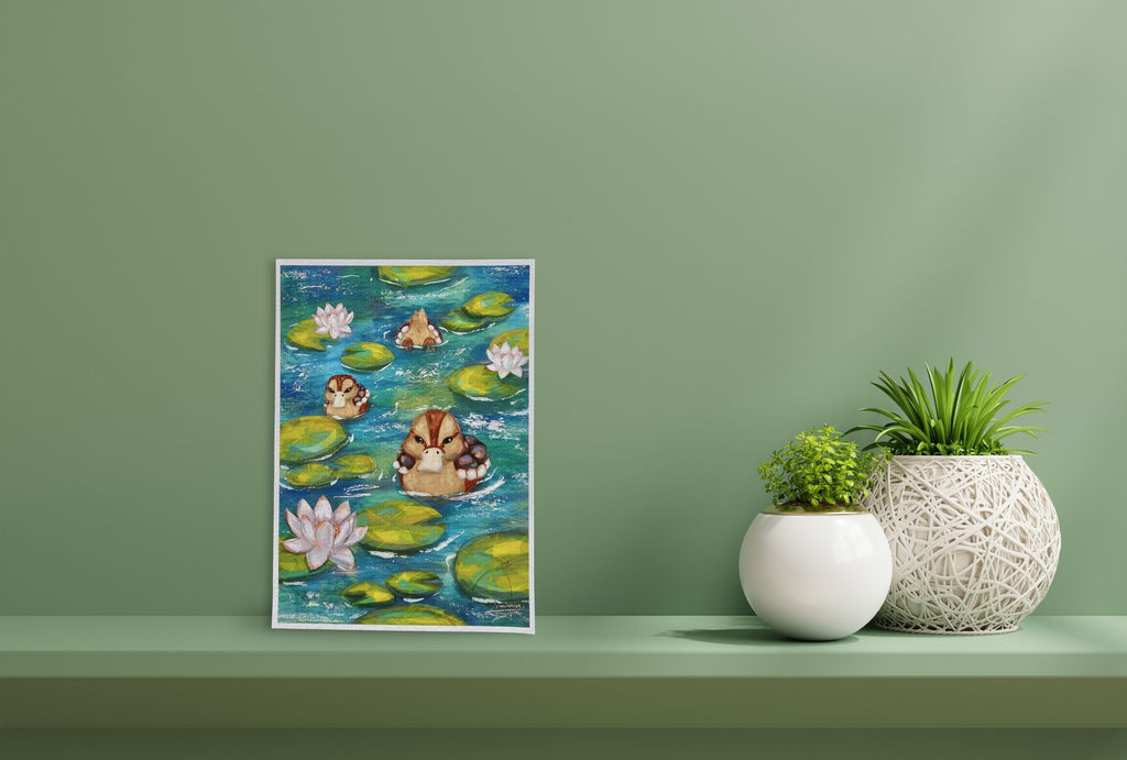 A cute art print with three ducks on a green background
