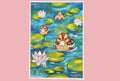 A vibrant art print with cute little ducks in a pond with lily pads and flowers. Hand drawn and a painterly look.