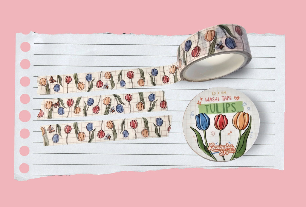 A white washi tape with a light red grid, tulips and small insects.