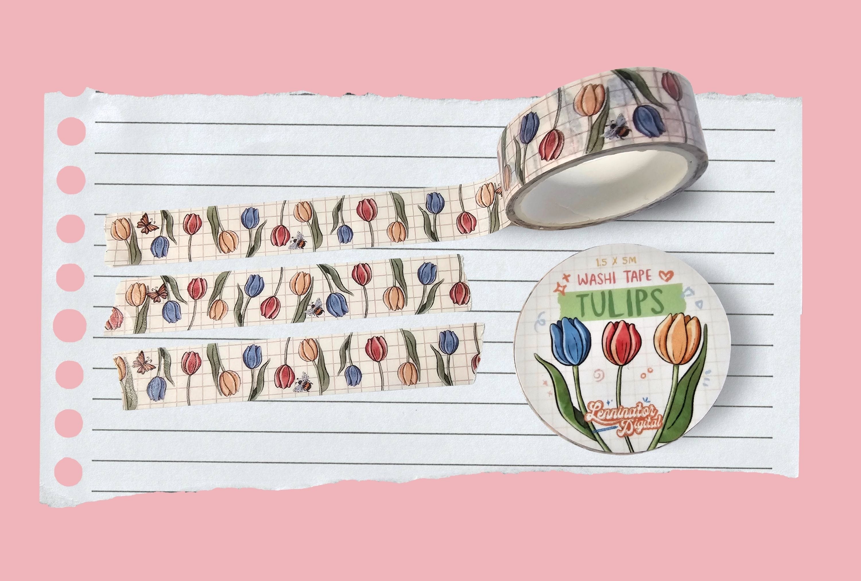 A white washi tape with a light red grid, tulips and small insects.