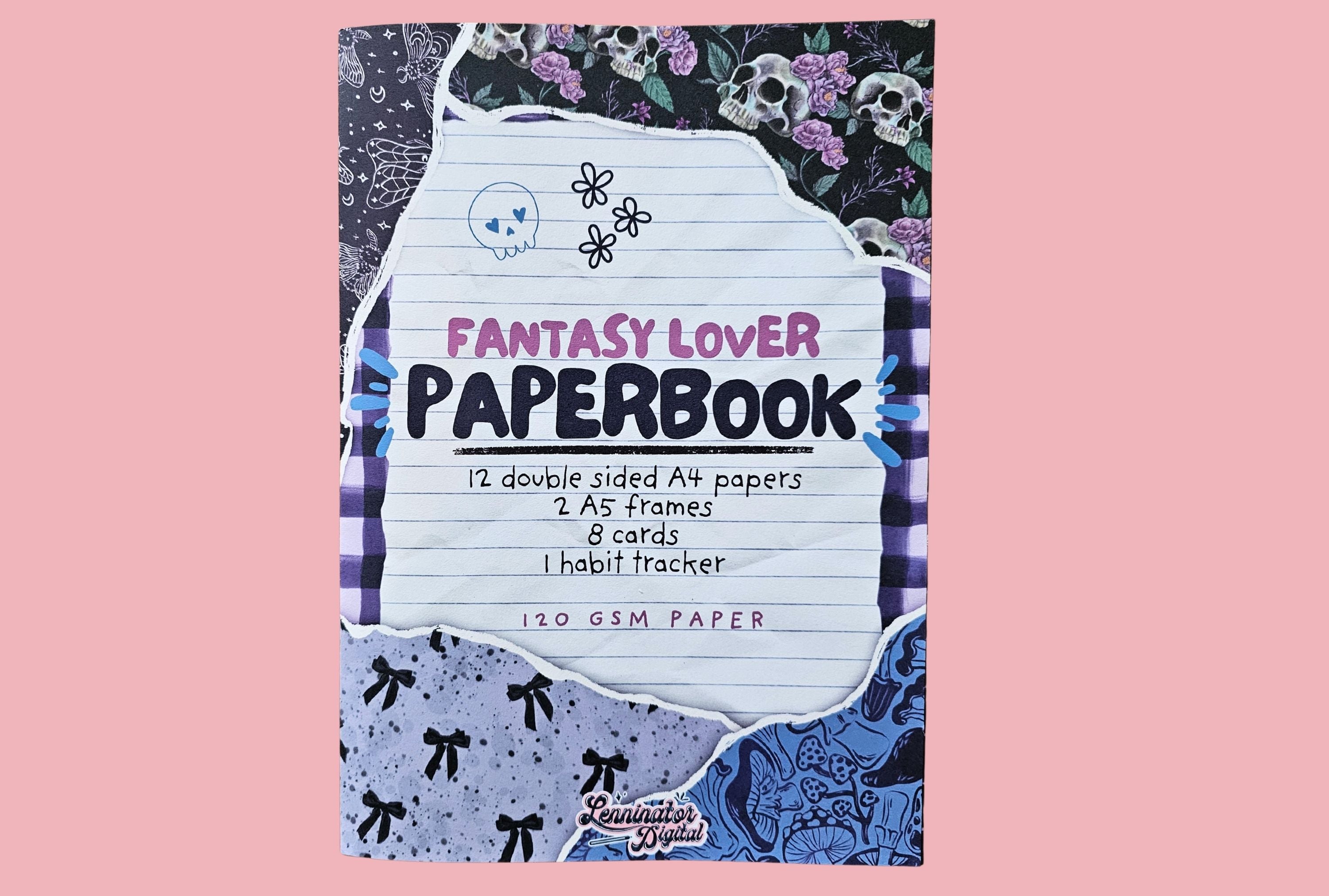 Fantasy Lover Paperbook with floral and skull designs on a pink background