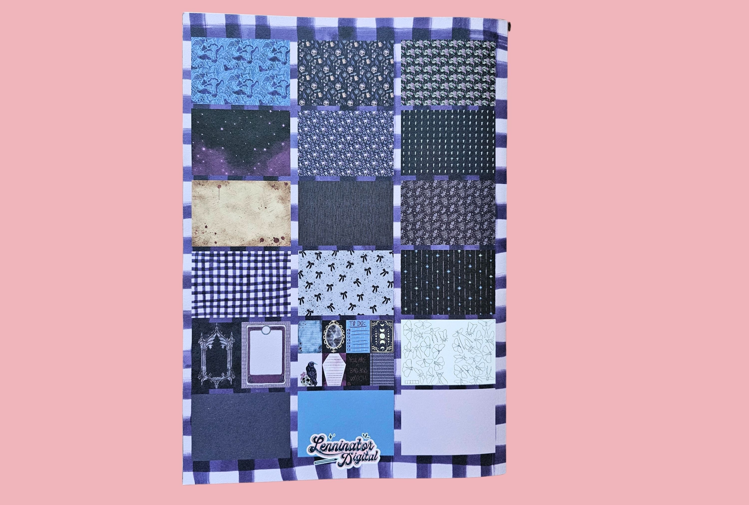Journal paperbook sample with various patterns on a pink background