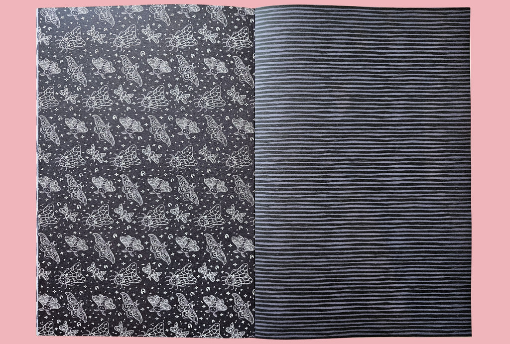 Two black paper patterns with different moths and stripes on a pink background