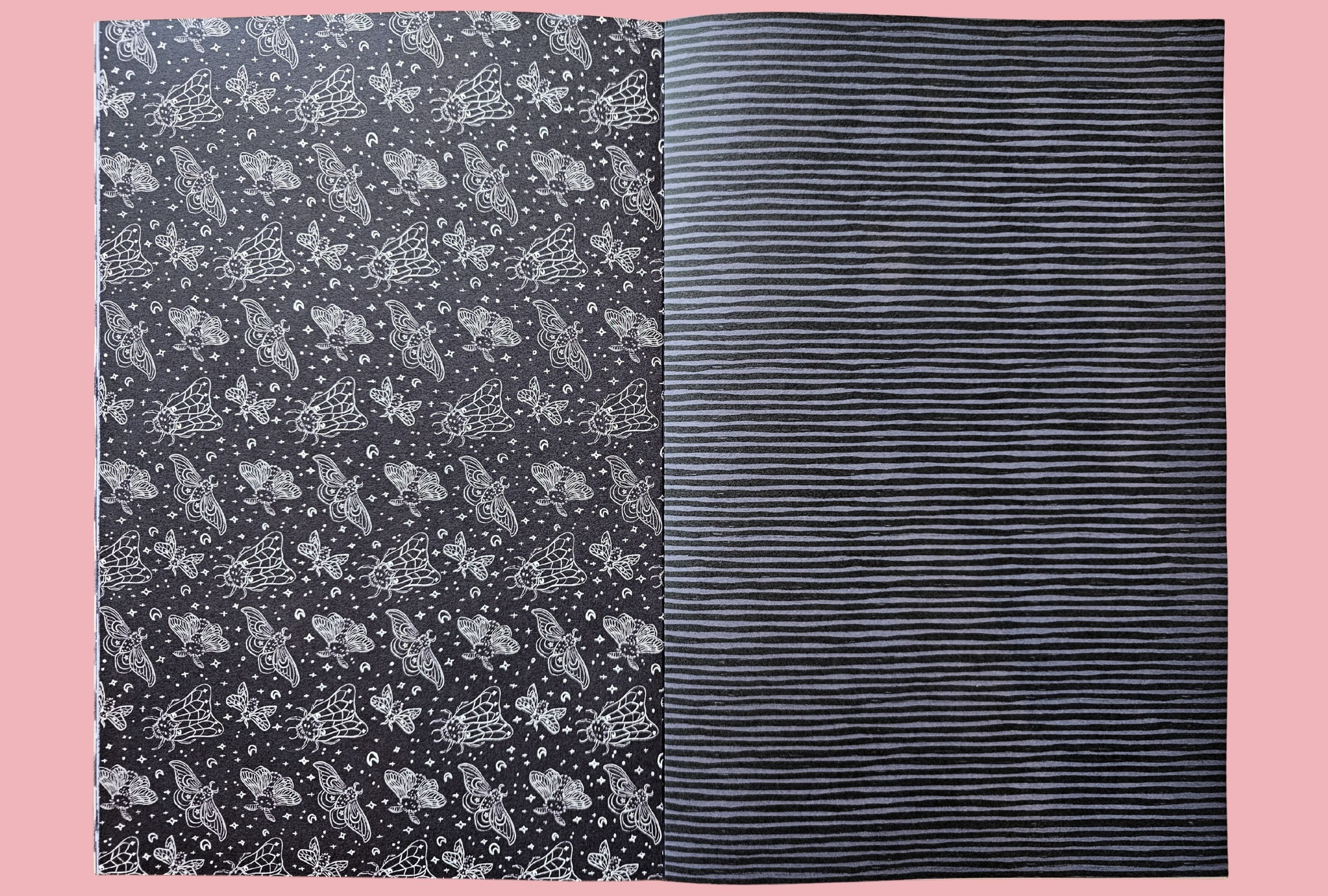 Two black paper patterns with different moths and stripes on a pink background