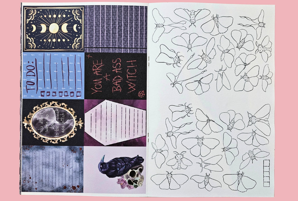 Collage of decorative cards with celestial designs, text, and insect illustrations for a habit tracker on a pink background.