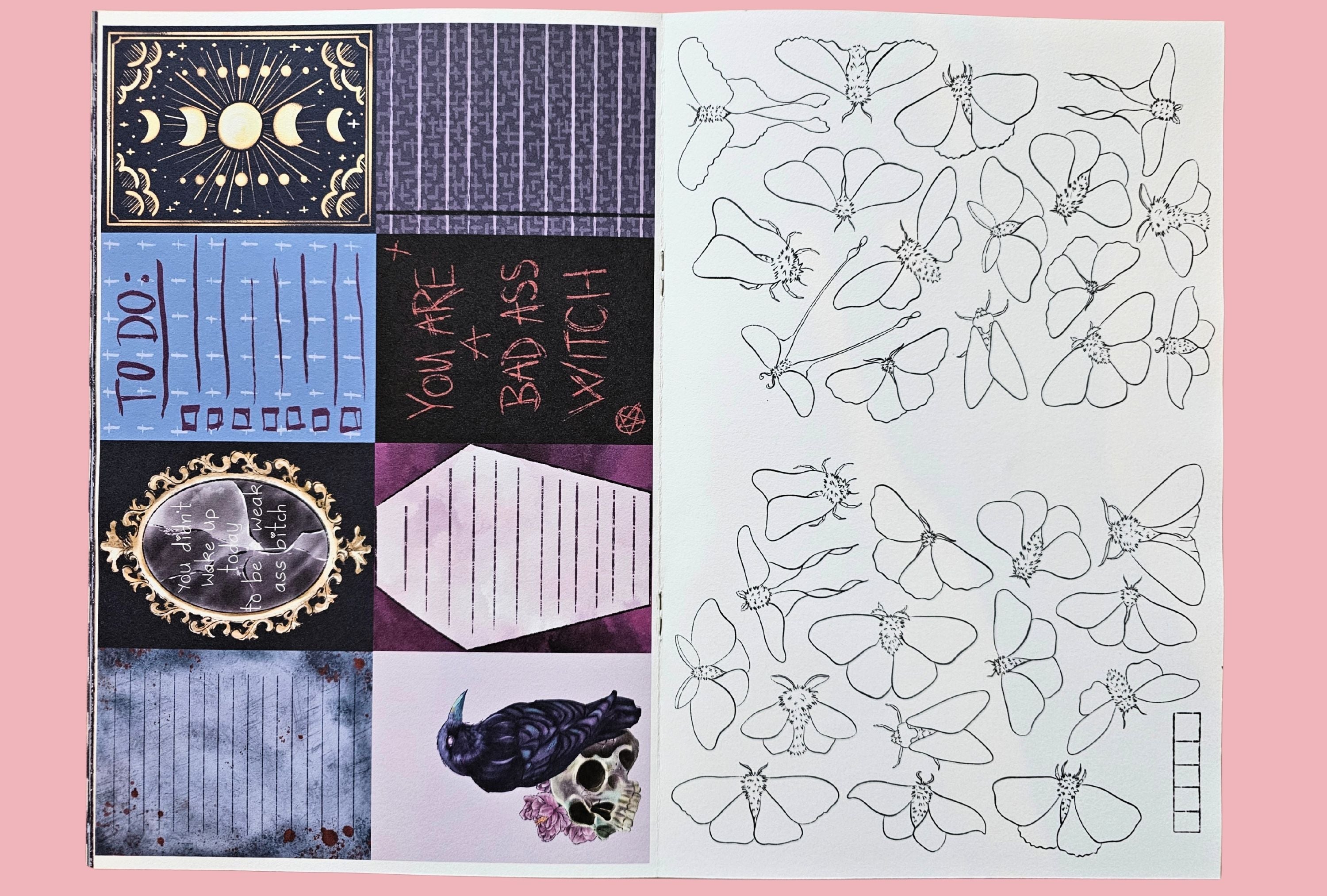 Collage of decorative cards with celestial designs, text, and insect illustrations for a habit tracker on a pink background.