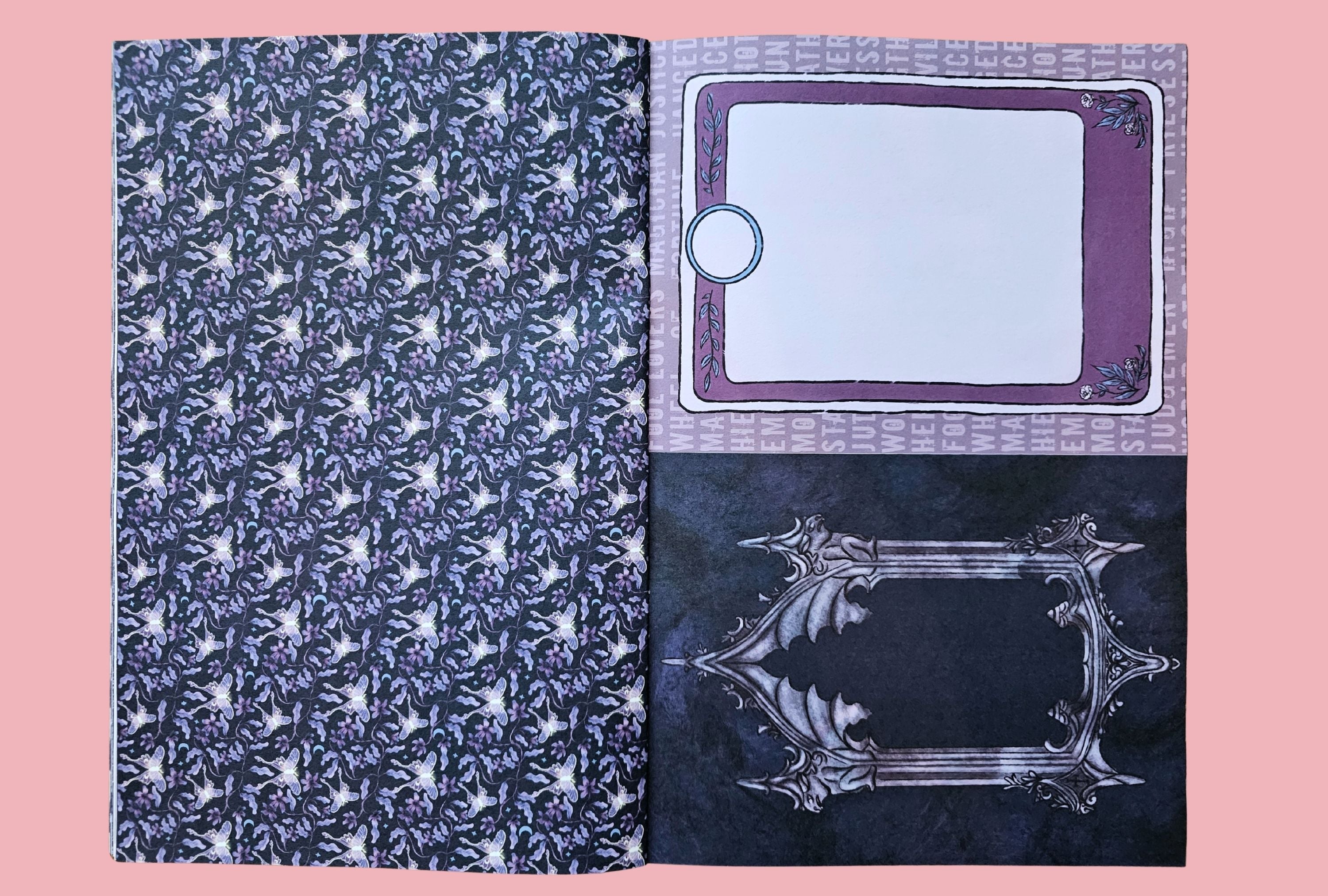 Floral with moths and decorative patterned paper with illustrated frames on a pink background