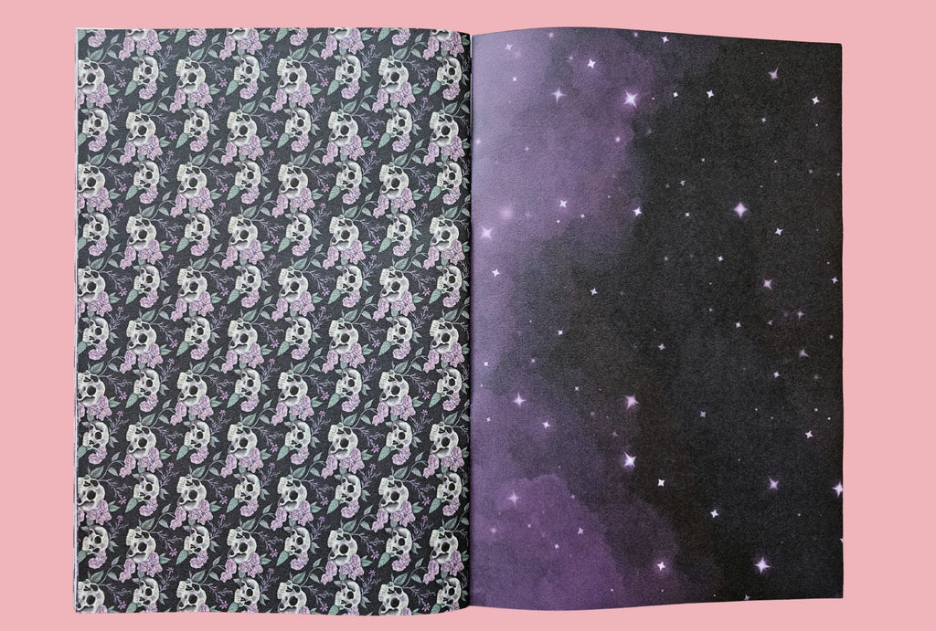 Two pages of a book showing a skull pattern on one side and a starry night sky on the other, against a pink background.
