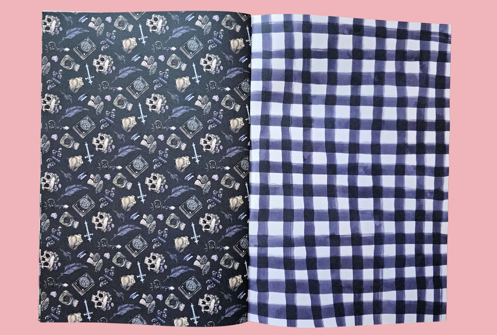Two pieces of design paper with different patterns on a pink background