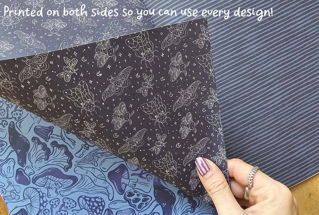 Black paper with white butterfly pattern held over blue paper with mushroom pattern, text 'Printed on both sides so you can use every design!' above.