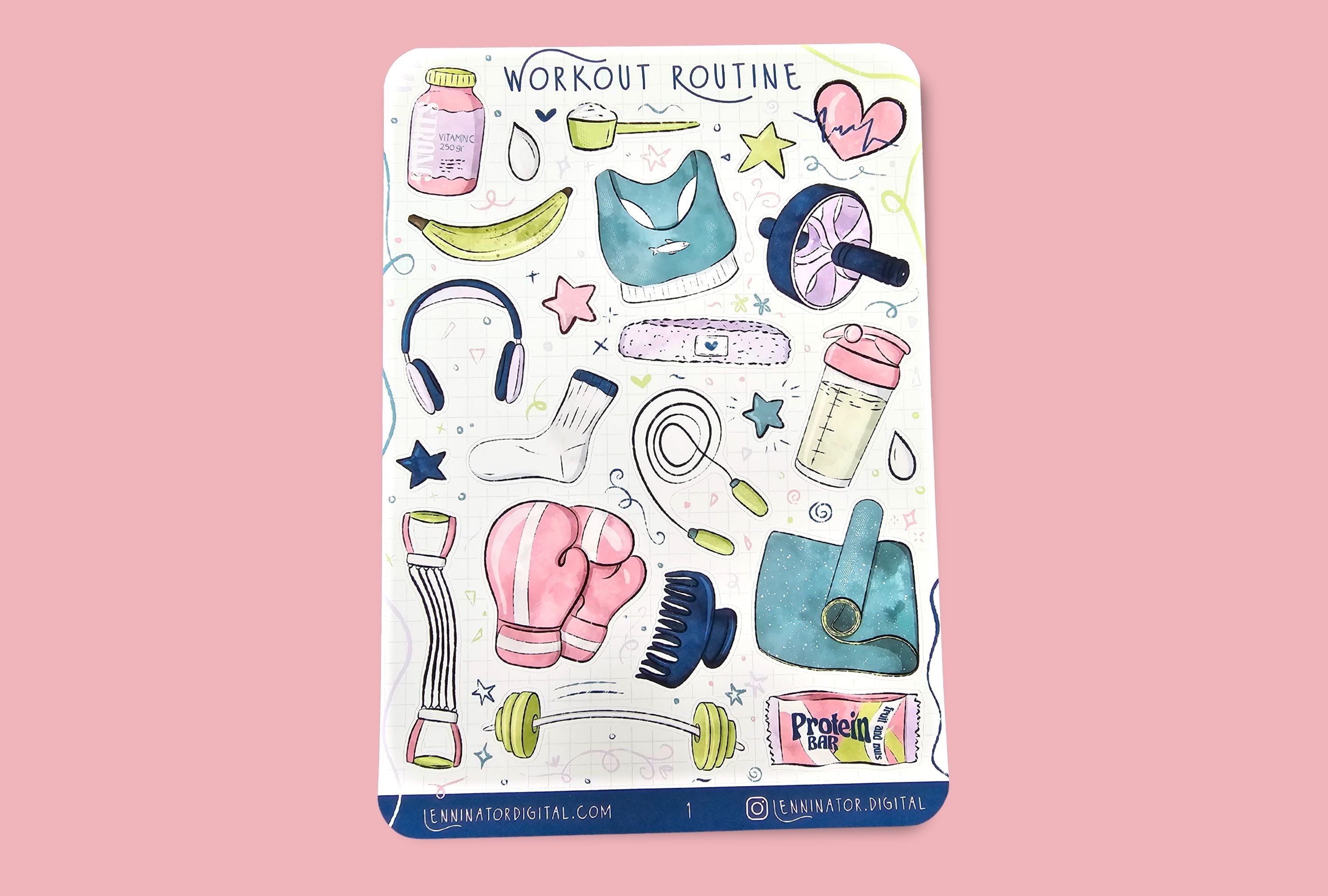Sticker sheet with fitness-themed illustrations on a pink background with dumbbells.