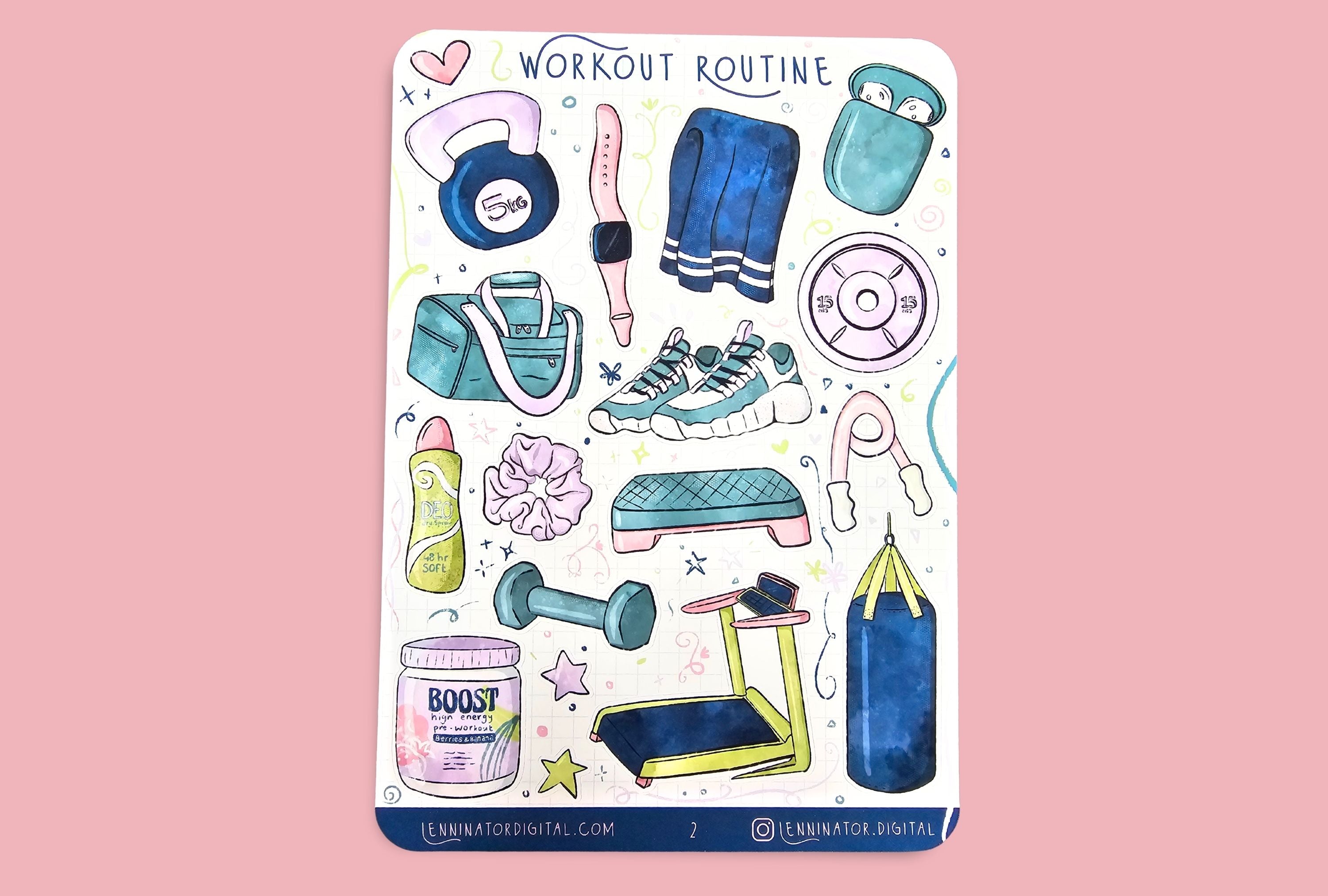 Sticker sheet titled 'Workout Routine' with various fitness-related illustrations on a pink background.