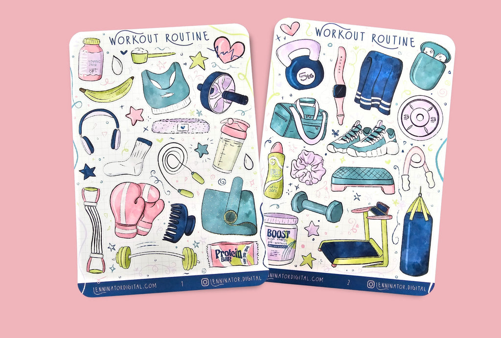 Two workout-themed sticker sheets on a textured surface in clean girl aesthetics