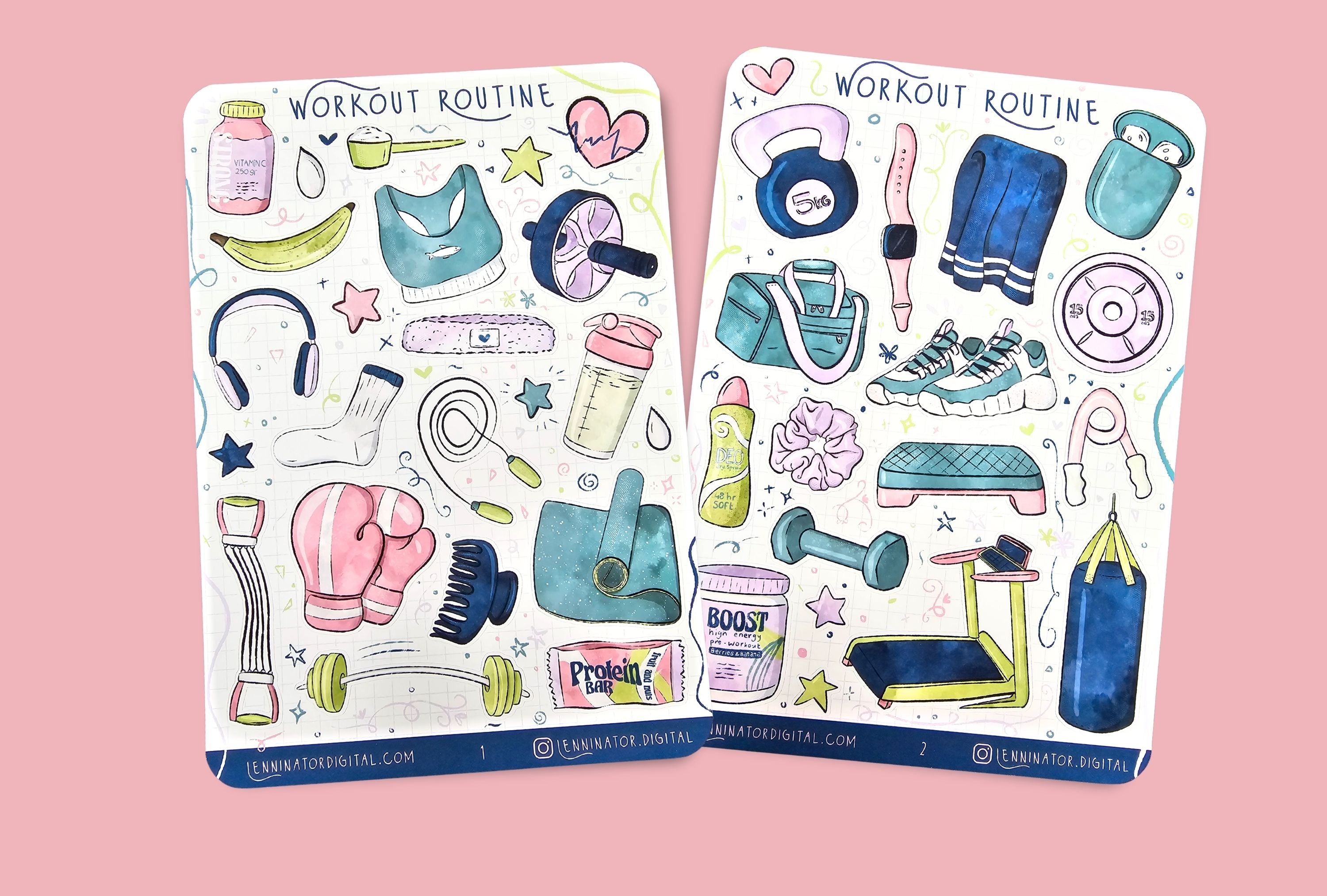 Two workout-themed sticker sheets on a textured surface in clean girl aesthetics