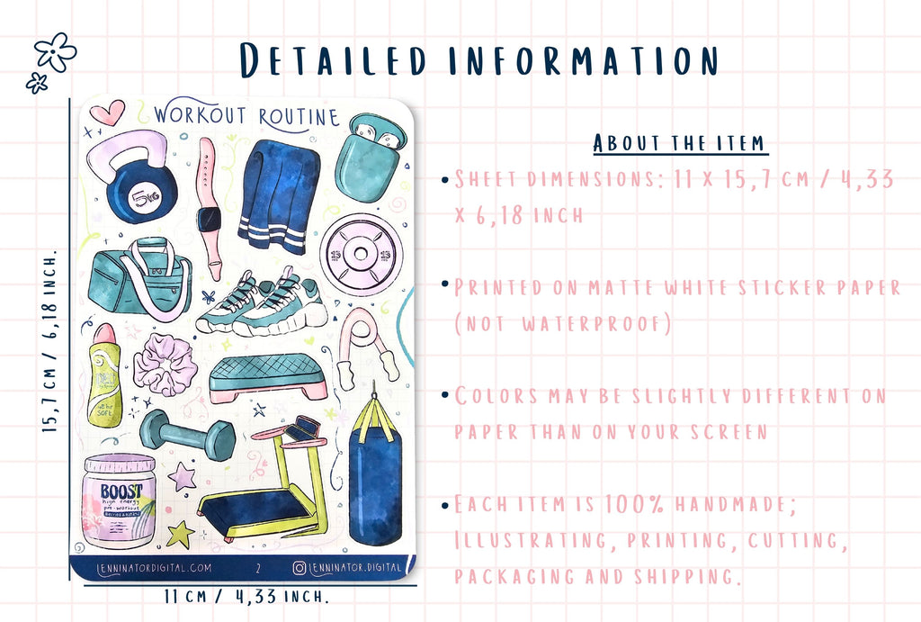 Sticker sheet with workout routine illustrations and product details on a white background