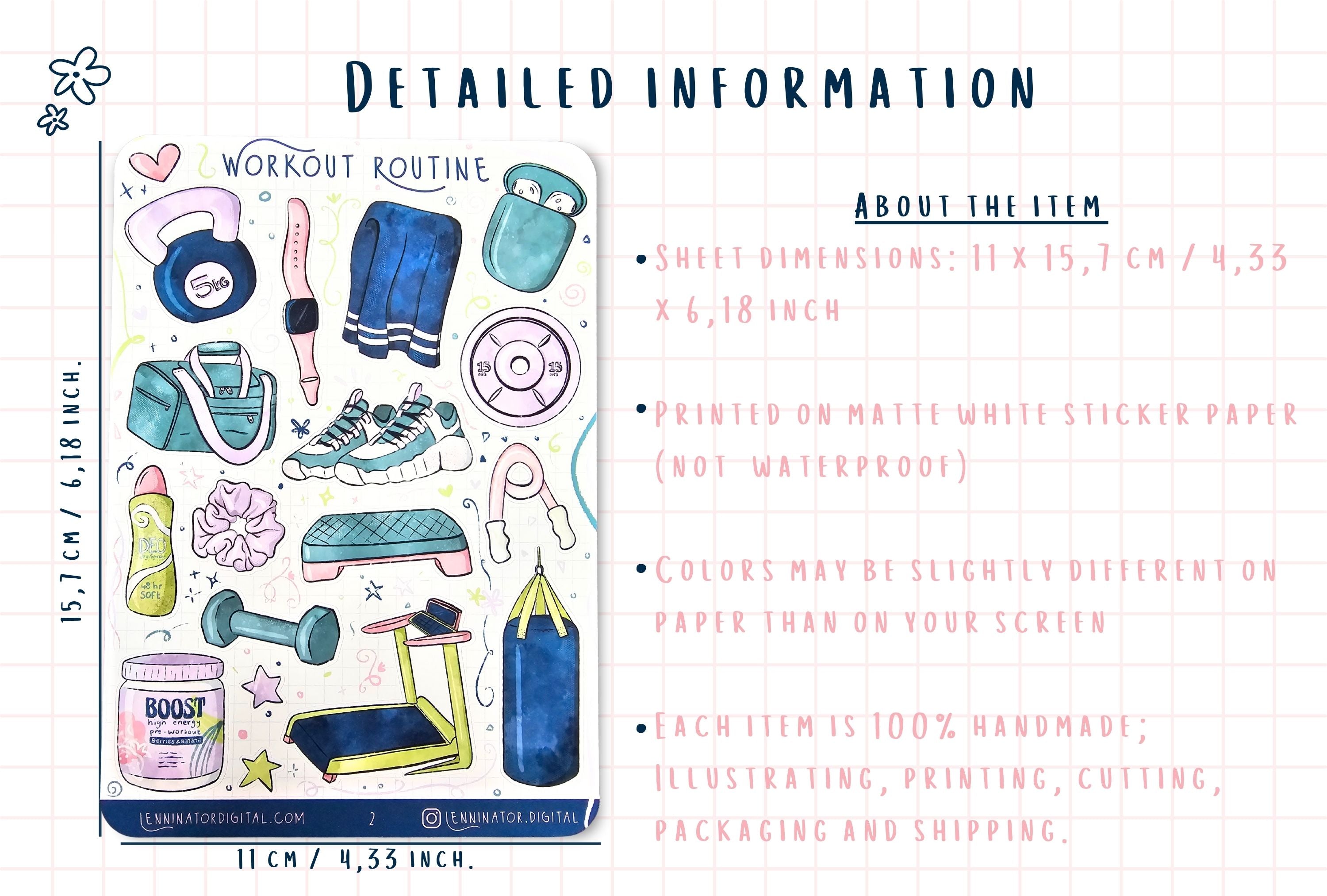 Sticker sheet with workout routine illustrations and product details on a white background
