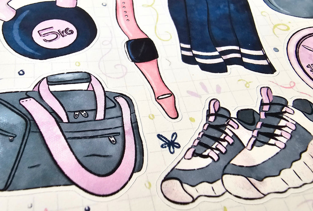 Illustrations of a handbag, sneakers, and other items on a colorful background