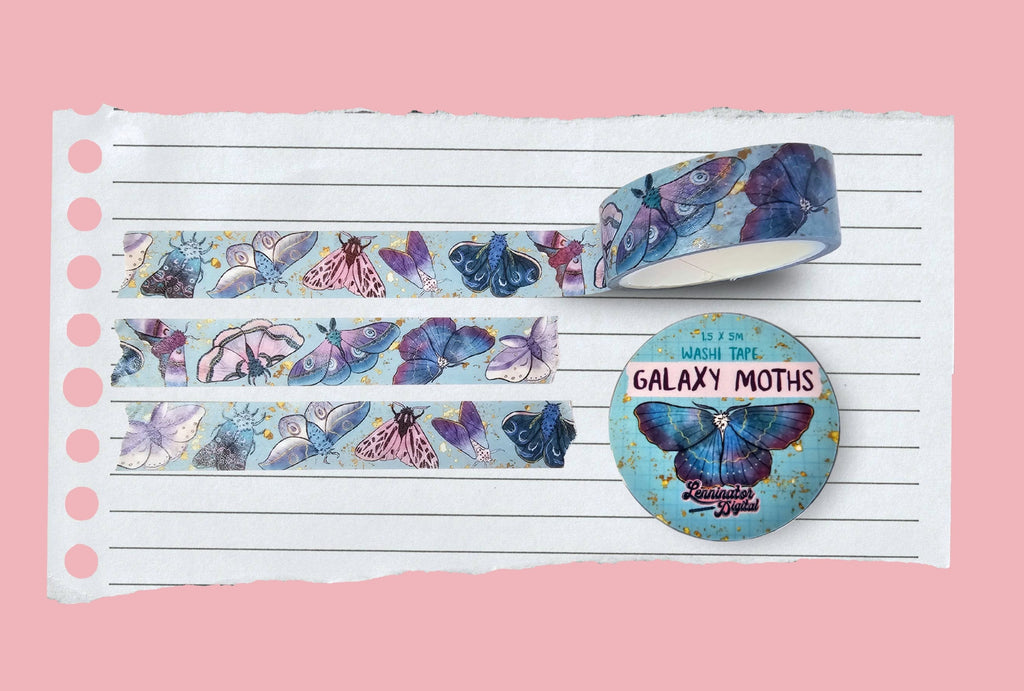 Galaxy Moth washi tape with various celestial moths in blue, pink, purple tones with golden details
