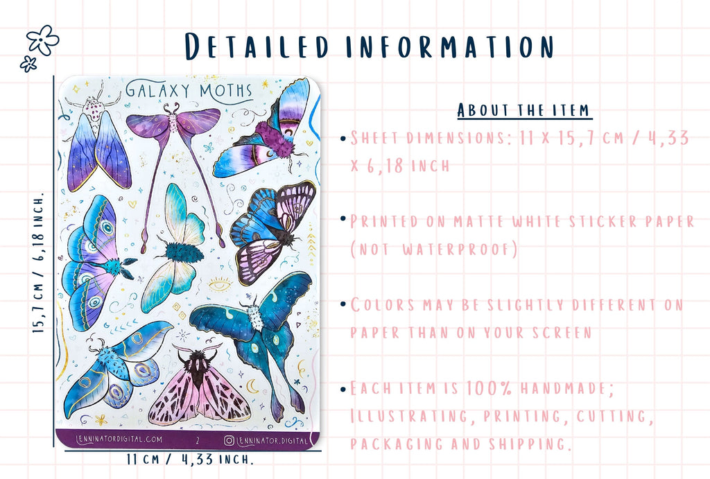 Sheet of galaxy moth stickers with dimensions and material details on a white background