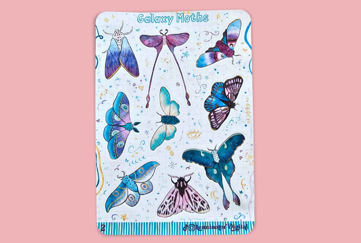 A vertical art sticker sheet titled 'Galaxy Moths' featuring watercolor illustrations of various moths and butterflies in shades of blue, purple, and pink on a white background, set against a solid pink backdrop.