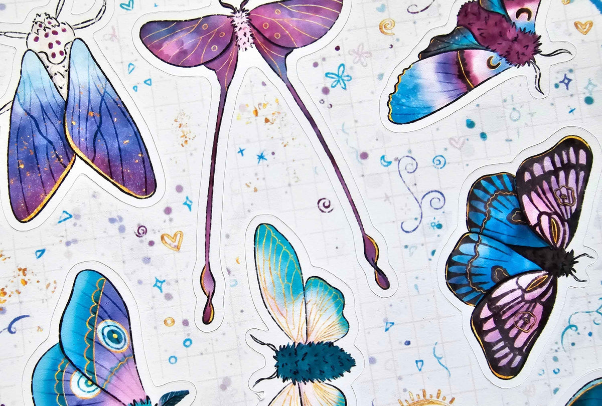 A close-up of colorful butterfly and moth illustrations on a white background with small decorative doodles and grid lines.