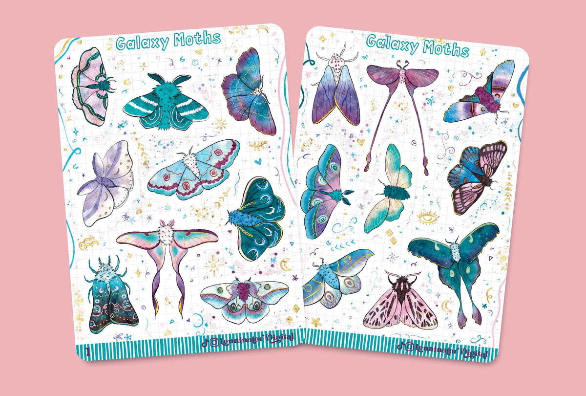 Two decorative sticker sheets titled "Galaxy Moths" featuring colorful illustrated moths and butterflies on a pink background.