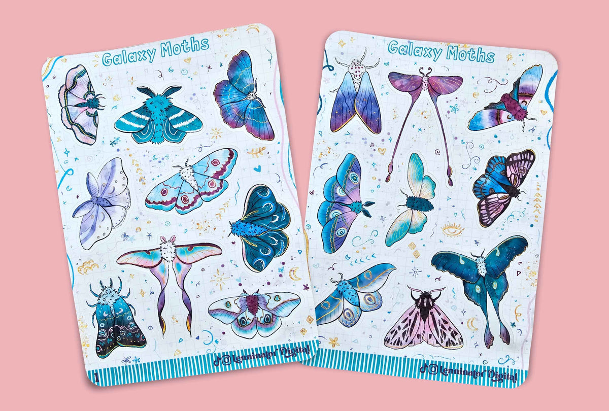 Two decorative sticker sheets titled 'Galaxy Moths' featuring colorful illustrated moths and butterflies on a white background, set against a solid pink backdrop.