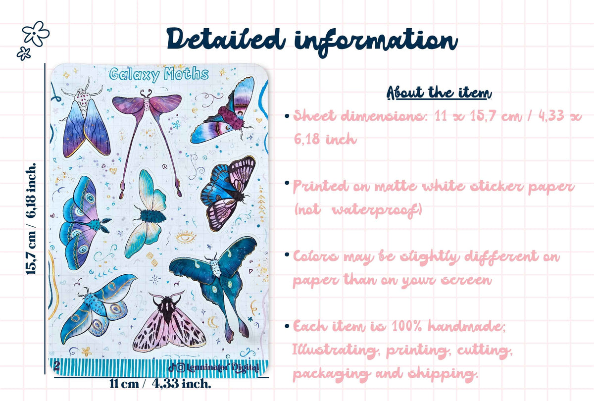 A product information graphic for a sheet of galaxy moth stickers. The left side shows a sample of the sticker sheet with various colorful moth illustrations on a white background.