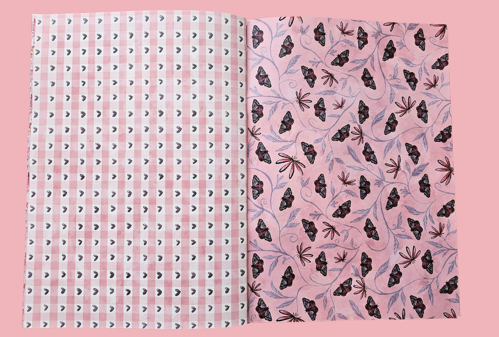 Two patterned paper sheets on a pink background. One with a gingham pattern with purple hearts and one with butterflies and leafs.