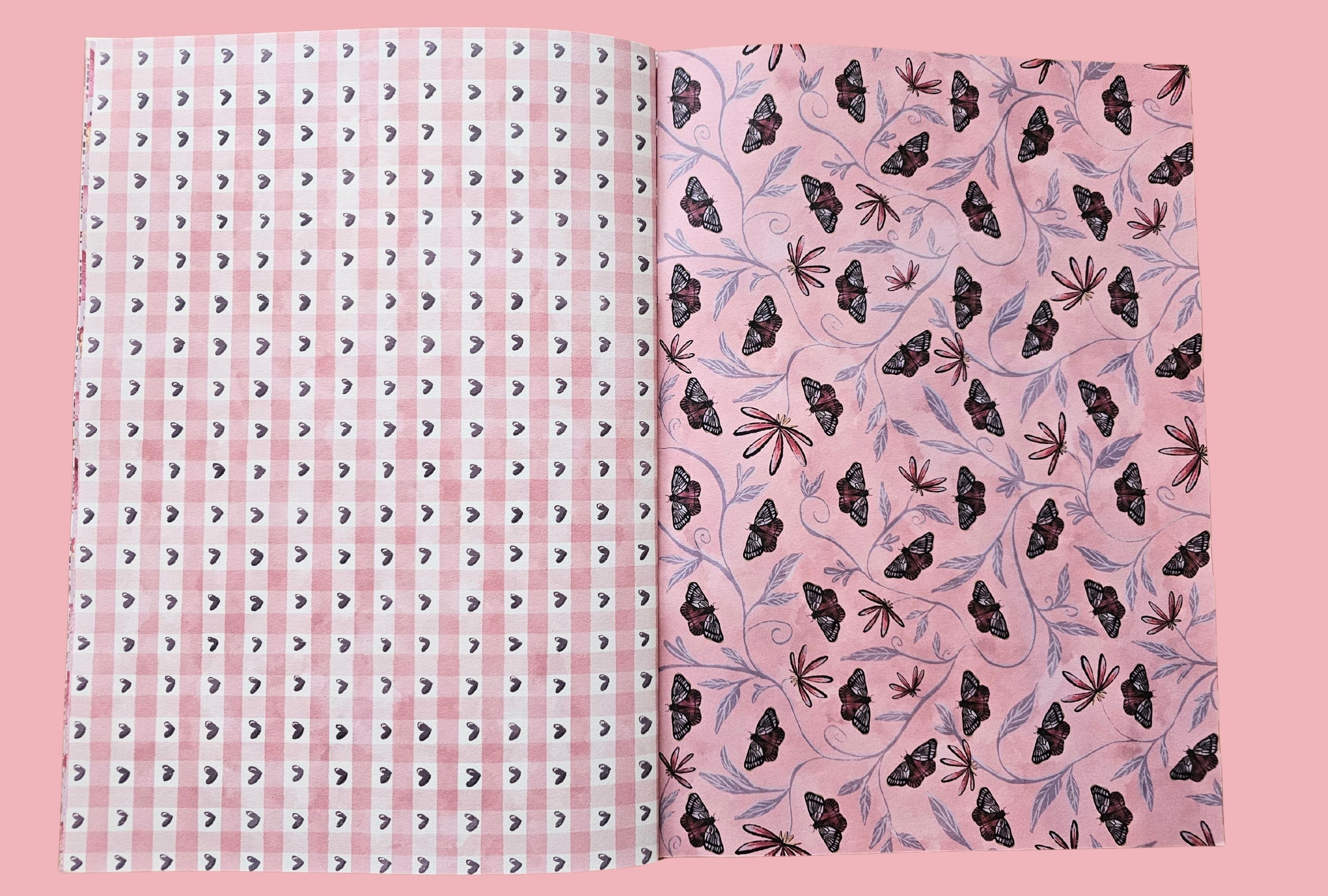 Two patterned paper sheets on a pink background. One with a gingham pattern with purple hearts and one with butterflies and leafs.