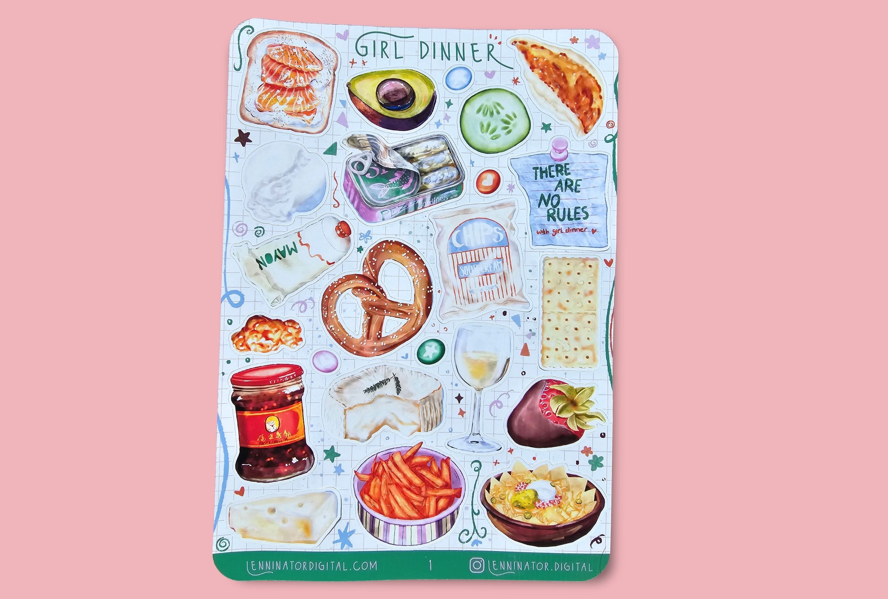 Sticker sheet with food illustrations like salmon toast, avocado, cucumber, gyoza, burrata, sardines, mayonaise, pretzel, popcorn, chips, cracker, chilli oil, cheese, fries, Nachos, wine and chocolate strawberry