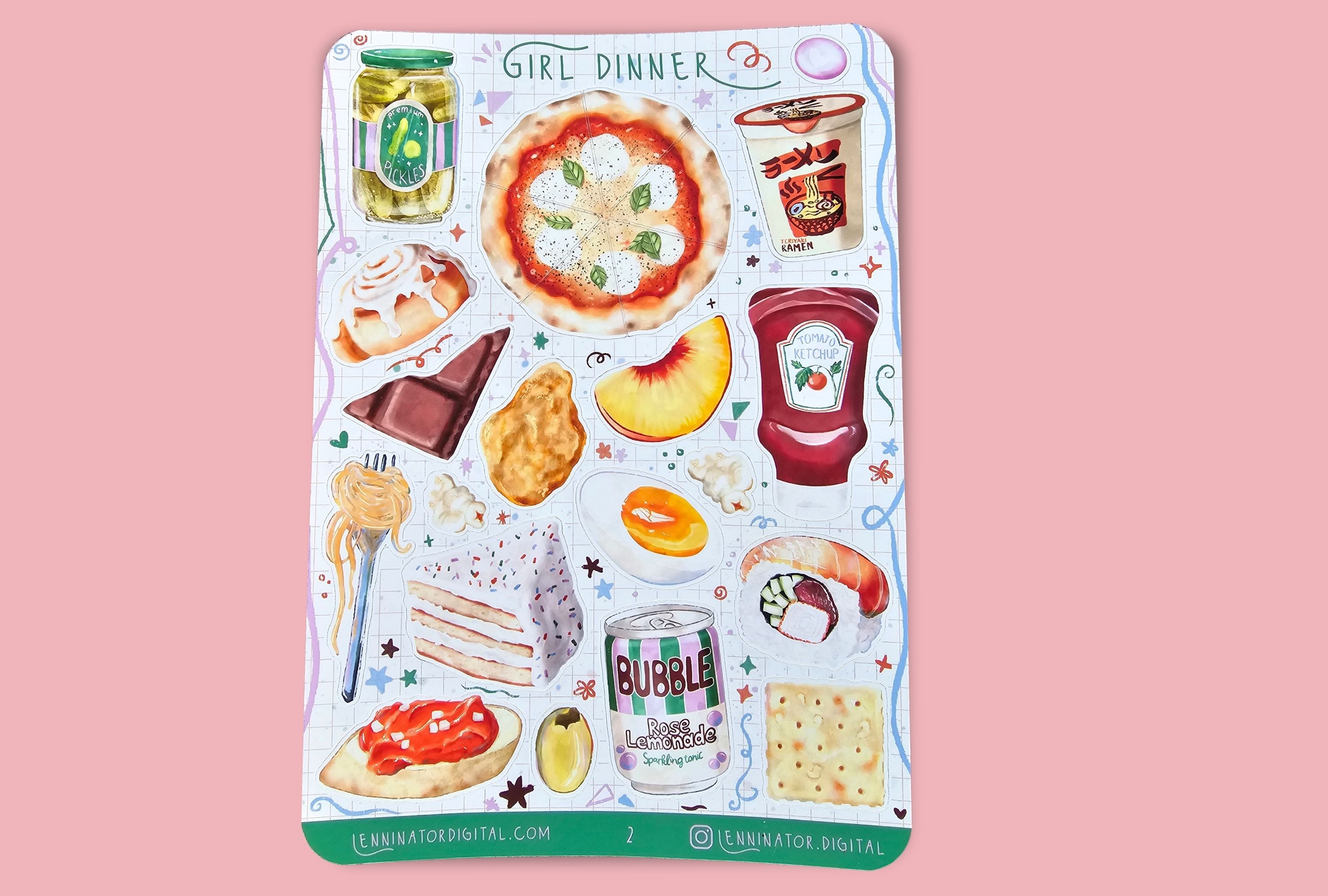 Sticker sheet with food-themed designs like pickles, pizza, cinnamon bun, ramen, chocolate, chicken nugget, apricot, ketchup, pasta, popcorn, cake, boiled egg, sushi, olive, soda can and cracker.