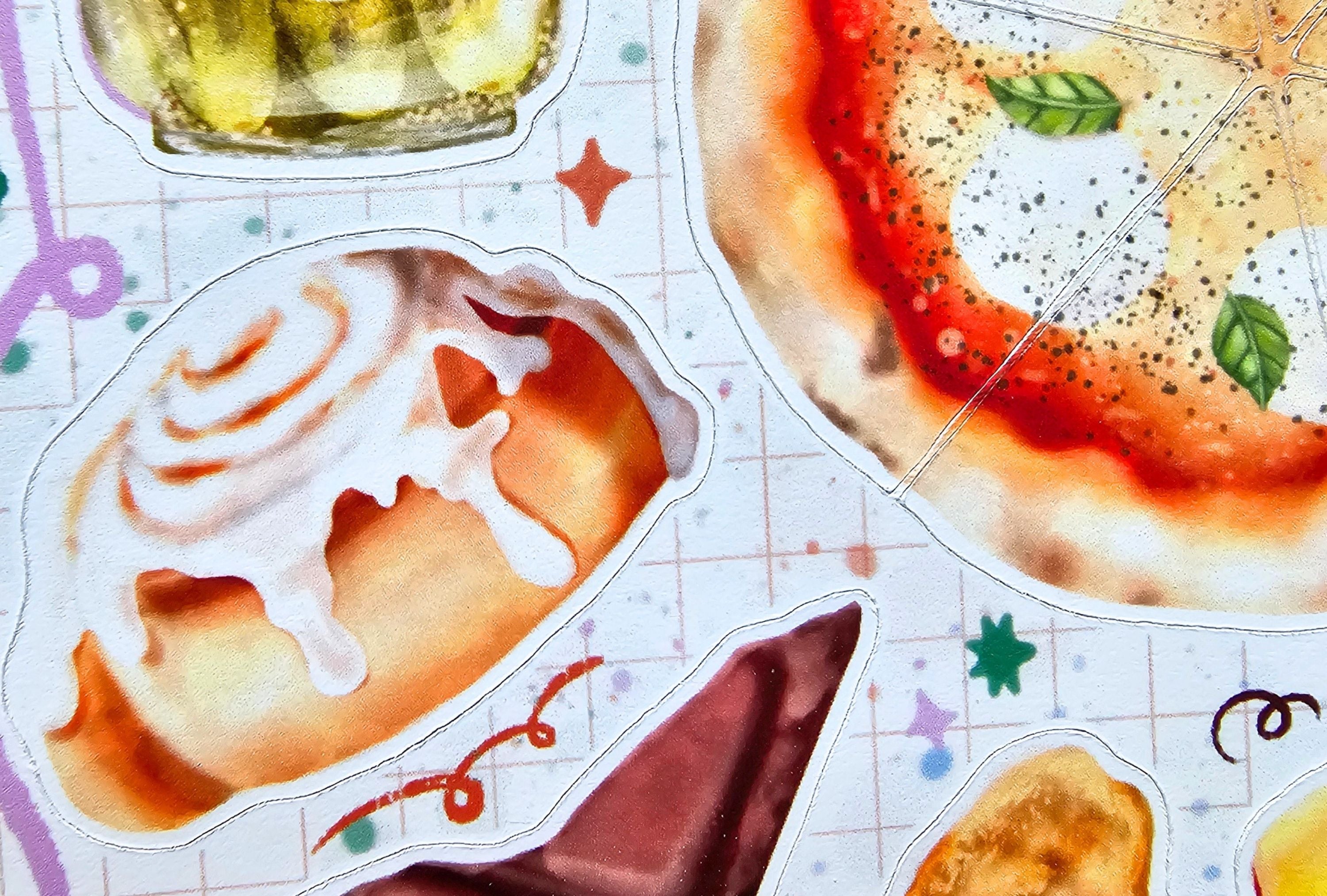 Illustrations of a pizza, cinnamon roll, and other food items on a grid background.